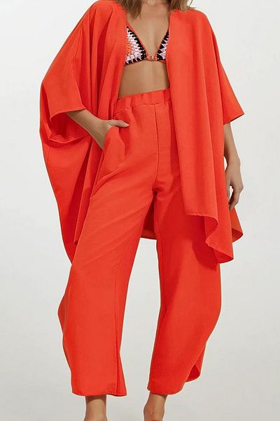 VAGGON Women's Orange Leg Slit Self-Textured Trousers and Jacket Double Suit Vgn-752-001