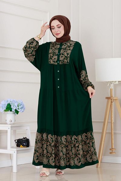 Sevitli Half Button Robe Beyza Dress-Emerald Green