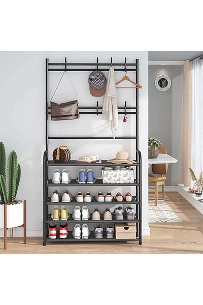 Un Multi-purpose metal shoe and clothing rack with hooks for hanging bags and hats