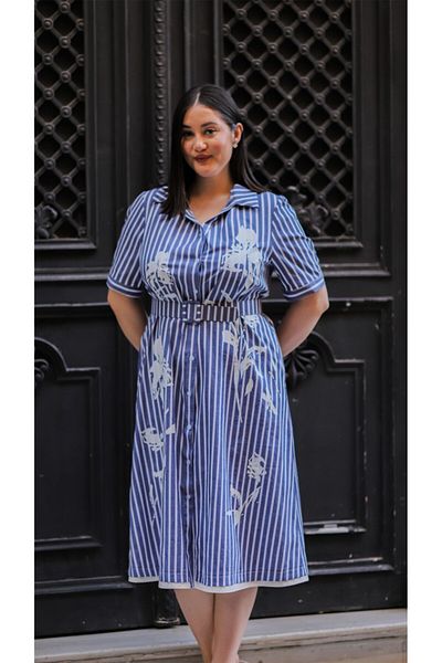 LAMAZONEEXXEN Women's Belted Buttoned Striped Floral Print Shirt Dress - Blue