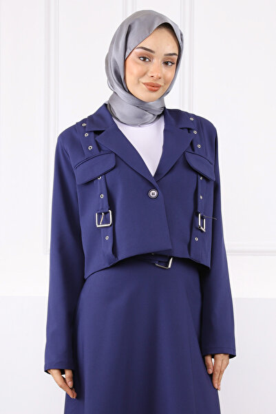 İmajButik Navy Blue Belt Detailed Jacket Skirt Suit