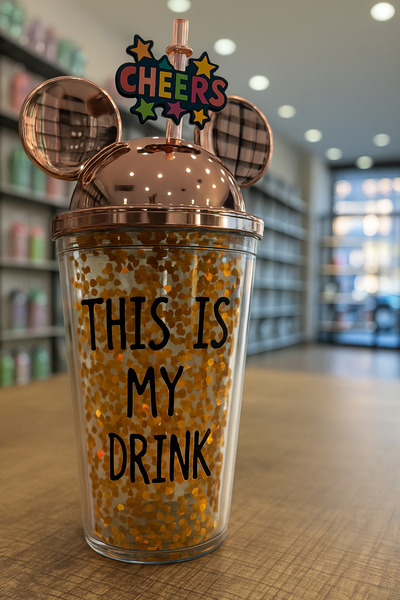 ceviz home züccaciye tekstil ltd şirketi Mickey Mouse Kulaklı Simli Pipetli Bardak – "THIS IS MY DRINK" Yazılı