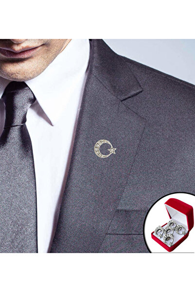 Teknookul Taş İşlemeli Ay-Yıldız Rozeti Gümüş Şık Kutu 5' li