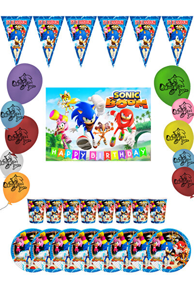 Sonic Σετ διακοσμητικών ειδών για πάρτι γενεθλίων Boom Kirpi για 16 άτομα με σημαία και πανό