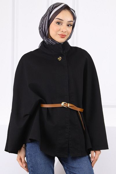 İmajButik Μαύρο τζιν πόντσο με ζώνη