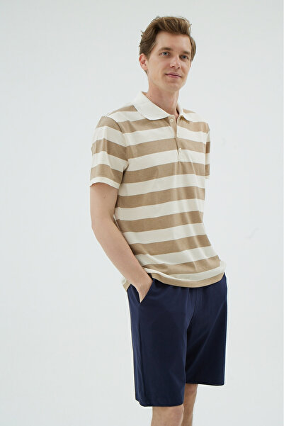 İPEKTENİM Бежево-кремовий комплект піжами з поло-коміром та шортами