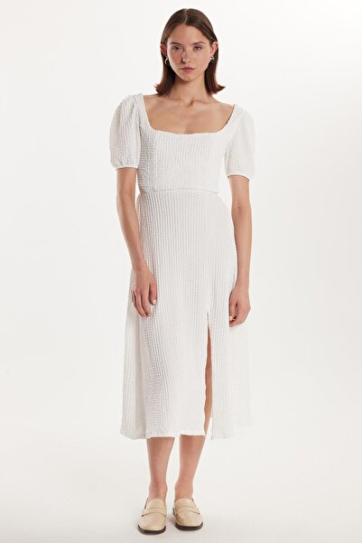 Tudors Women's Standard Fit Short Sleeve Elastic Square Neck Slit Ecru Dress