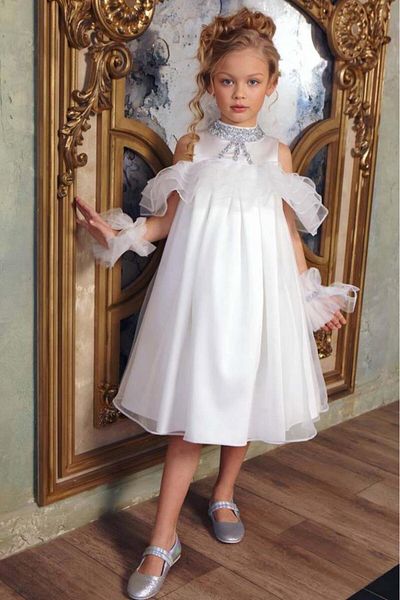 Riccotarz Girl's Off-Shoulder Collar Stone Embroidered Bust Ruffle Lined White Evening Dress
