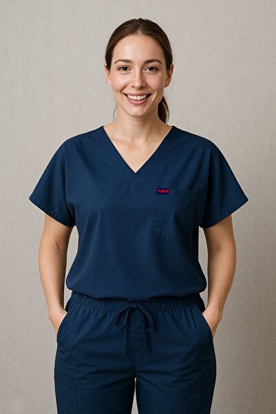 YAKA UNİFORM Lacivert Likralı Unisex Yarasa Kol Hemşire Ve Doktor Forması Tak...