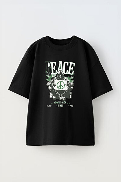 Anetos Μπλουζάκι Peace Kuş Pre με τύπωμα Cotton Black oversized