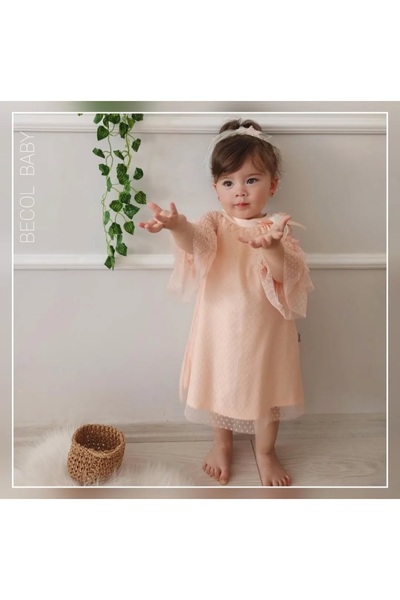 BECOL BABY TÜLLÜ ŞIK PAPATYA KIZ BEBEK UZUN ELBİSE + TOKA AKSESUARI