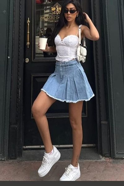 ESSFASIHON Fusta din denim mini cu pliuri groase