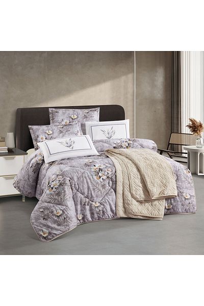 Q LAND Balqis Summer Double Quilt Set, 7 Pieces, Beige Pattern