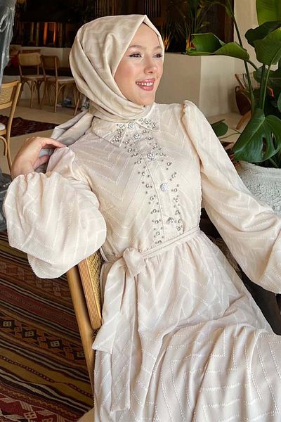 benguen Κρέμα Φόρεμα Hijab με Πέτρα 1412