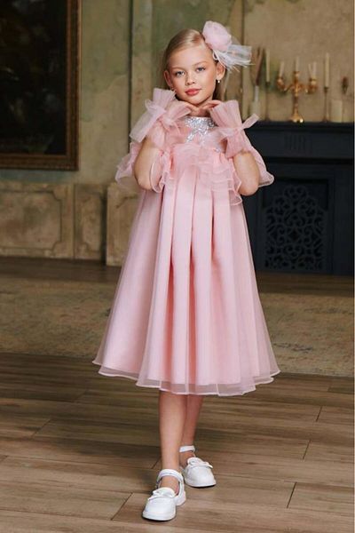 Riccotarz Girl's Off-Shoulder Collar Stone Embroidered Ruffled Bust Lined Salmon Evening Dress