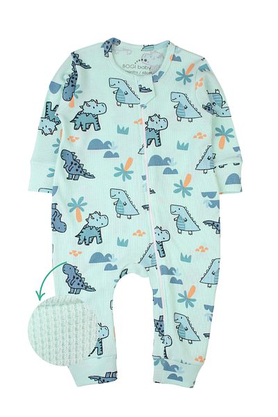 bogibaby Zippered Baby Romper Waffle Fabric Dino Printed Romper