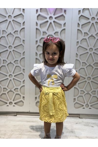 KUMRUNUN DÜNYASI Colorful Printed T-Shirt and Tulle Skirt Girls' Bottom Top Set