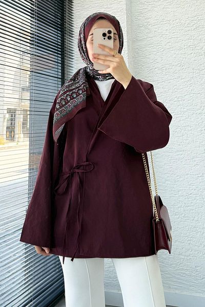 MELEK ARAZ Collar Pleated Tie Kimono Tunic – Plum