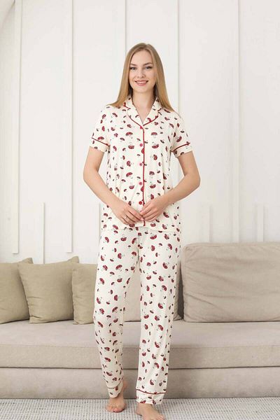 ALİMER Women's Mushroom Pattern Pajama Set - Lycra Short Sleeve with Front Button 2858Ky