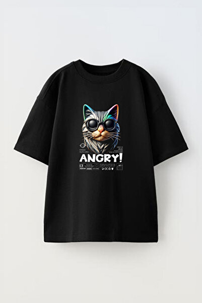 Anetos تي شيرت أسود كبير الحجم من القطن مطبوع من الأمام