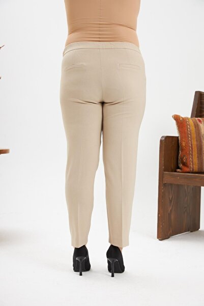RMG Plus Size Mini Slit Elastic Waist Cream Fabric Trousers