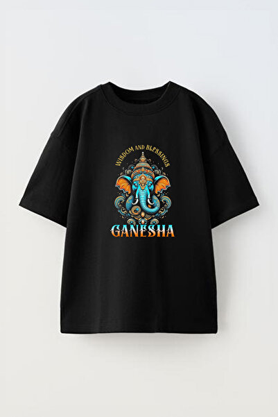 Anetos Tricou Ganesha Wisdom Front cu imprimeu Cotton Black supradimensionat