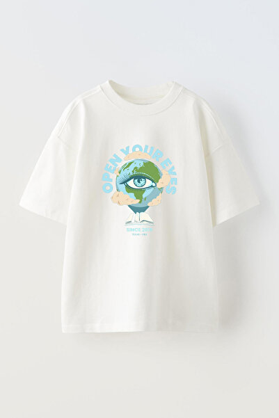 Anetos Tricou Open Your Eyes Earth Pre cu imprimeu din bumbac alb supradimens...