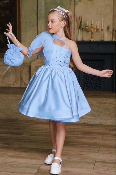 Riccotarz Girl's Chest Pearl Stone Embroidered One Shoulder Transparent Suspender Skirt Puffy Blue Evening Dress