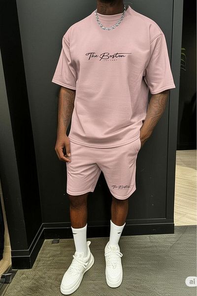 NO 601 Men's Pink Fine Futter Boston Printed Orphan Sleeve Tshirt Shorts Set