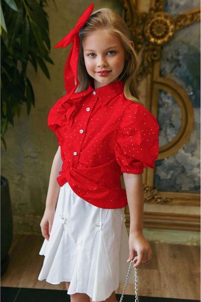 Riccotarz Girl's Balloon Sleeve Overhead Stone Embroidery Asymmetrical Cut Red Shirt with Floral Motif Skirt Suit