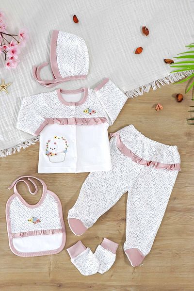 Sitilin Baby Girl Natural Cotton Fabric 5 Piece Embroidered Luxury Hospital Release Set Stl7003