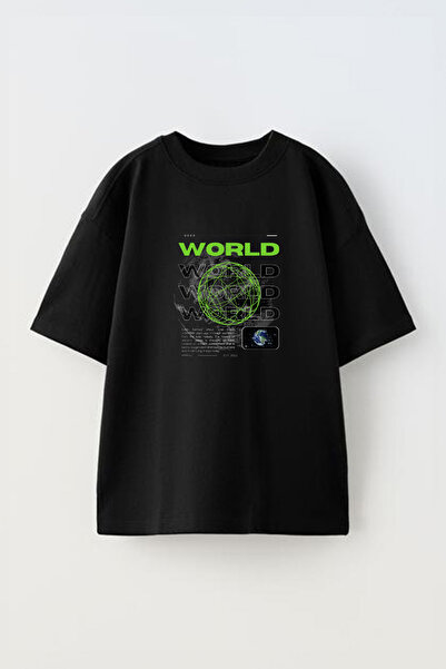 Anetos Tricou verde negru modern World Front cu imprimeu Cotton Black supradi...