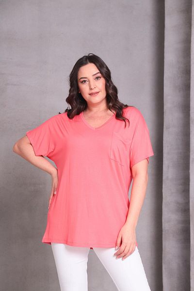 Ebsumu Women's Plus Size Single Pocket Detail Basic Coral T-Shirt