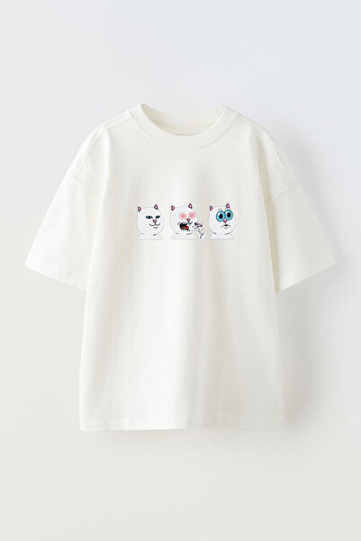 Anetos تي شيرت Shroom Diet Cropped Cat مطبوع من الأمام من القطن الأبيض كبير ا...