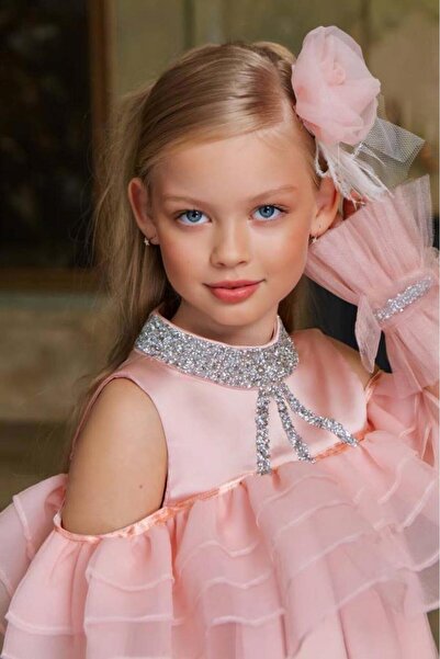 Riccotarz Βραδινό φόρεμα σομόν για κορίτσια με πέτρινο κέντημα στο στήθος και βολάν μέσα με επένδυση