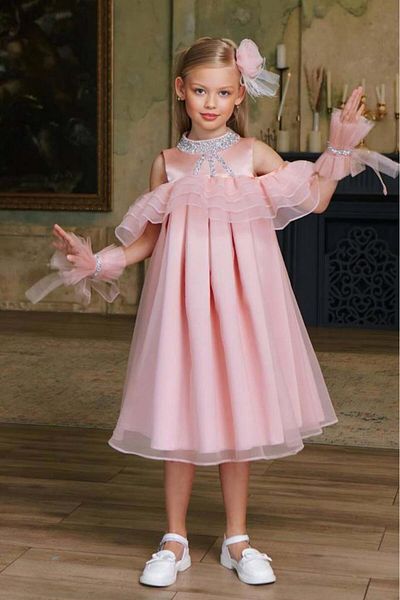 Riccotarz Girl's Off-Shoulder Collar Stone Embroidered Ruffled Bust Lined Salmon Evening Dress