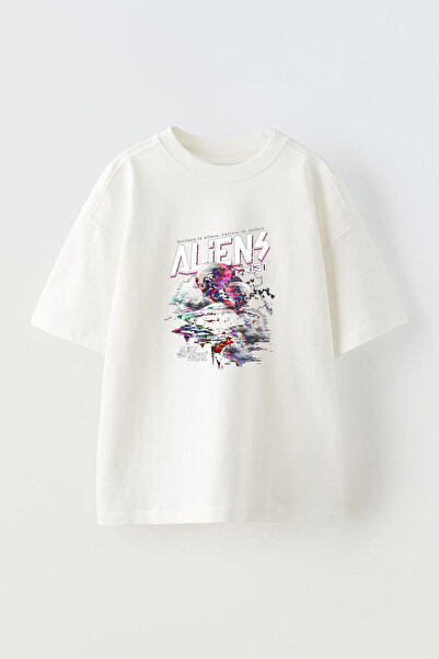 Anetos تي شيرت Aliens Exist مطبوع من الأمام من القطن الأبيض كبير الحجم