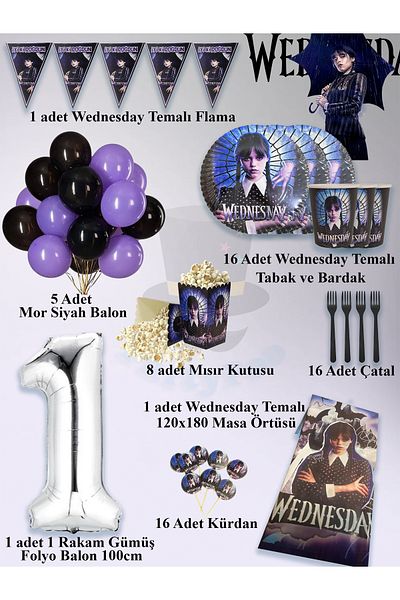 PartyPoo مجموعة حفلات عيد ميلاد فاخرة تحت عنوان Wednesday Addams تتسع لـ 16 شخصًا - حزمة خاصة مع بالونات أرقام
