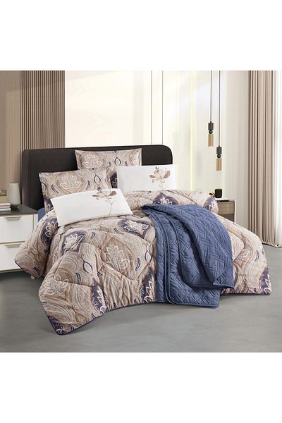 Q LAND Balqis Summer Double Quilt Set, 7 Pieces, Navy Blue Pattern