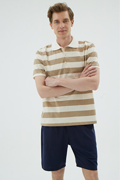 İPEKTENİM Бежево-кремовий комплект піжами з поло-коміром та шортами