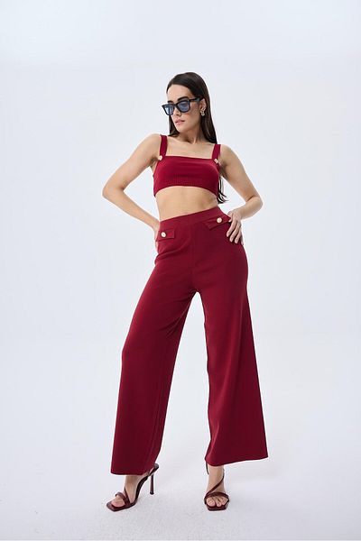 Peraluna Styleboom X Peraluna MARLENE TROUSER Button Detailed Loose Fit Women's Knit Trousers - Bordeaux