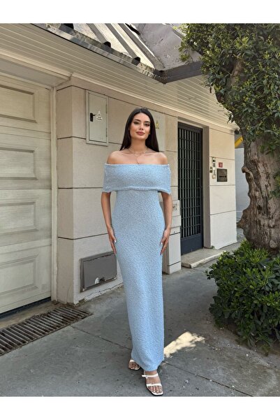 128ve980 Kadın Uzun Madonna Yaka Triko Elbise