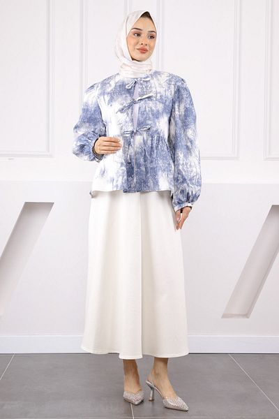 İmajButik Κρεμ μπροστινό δεμένο σακάκι με φούστες
