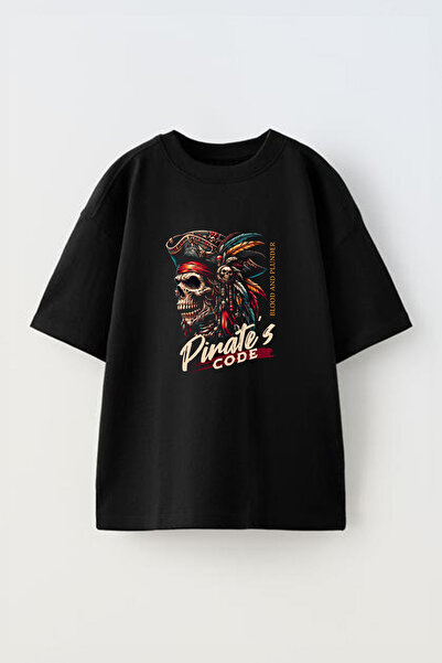 Anetos Tricou Pirate's Code Front cu imprimeu Cotton Black supradimensionat