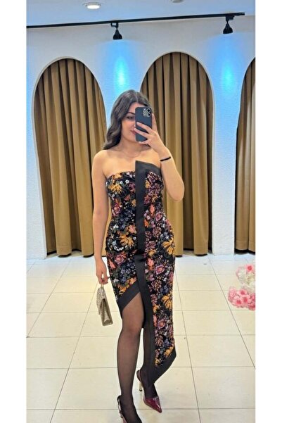 SUNAYBUTİK SİYAH ASİMETRİK KESİM STRAPLEZ ABİYE