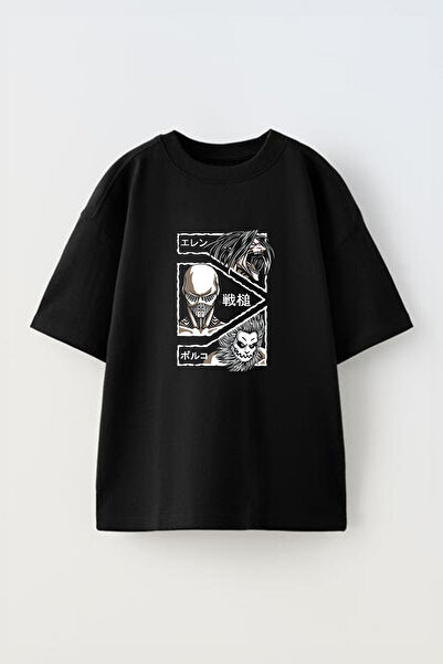 Anetos Tricou Shingeki No Kyojin Pre cu imprimeu Cotton Black supradimensionat