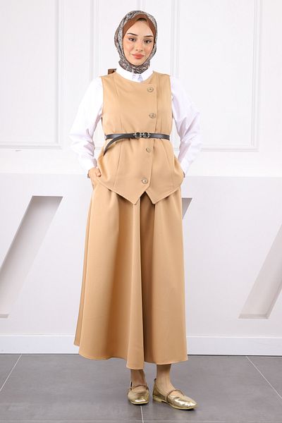 İmajButik Σετ γιλέκο με μπεζ φούστα