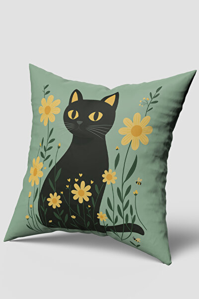 EsnafAli Κάλυμμα μαξιλαριού με πορτοκαλί λουλούδια και χαριτωμένη φιγούρα γάτας