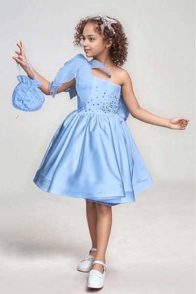 Riccotarz Girl's Chest Pearl Stone Embroidered One Shoulder Transparent Suspender Skirt Puffy Blue Evening Dress