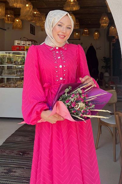 giyze Πέτρινο λεπτομερές φόρεμα Hijab Fuchsia 1412
